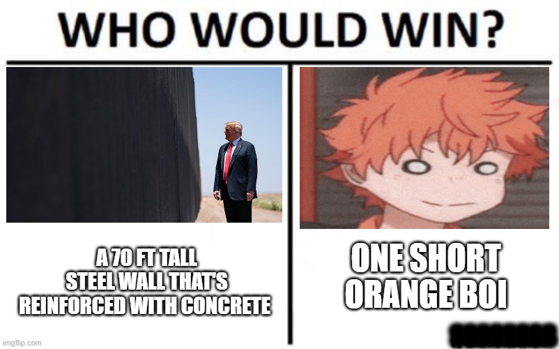 who would win | A 70 FT TALL STEEL WALL THAT'S REINFORCED WITH CONCRETE; ONE SHORT ORANGE BOI; SSSSSSSS | image tagged in who would win | made w/ Imgflip meme maker