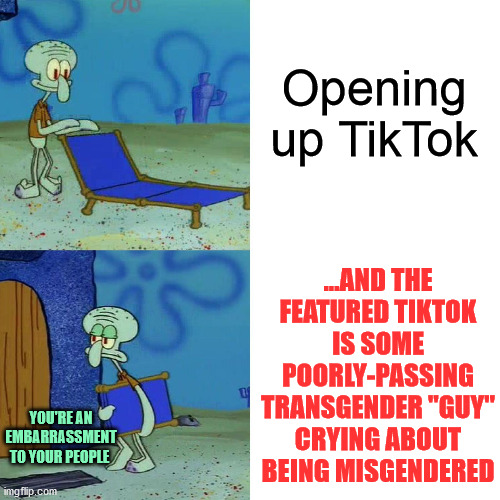 This morning... | Opening up TikTok; ...AND THE FEATURED TIKTOK IS SOME POORLY-PASSING TRANSGENDER "GUY" CRYING ABOUT BEING MISGENDERED; YOU'RE AN EMBARRASSMENT TO YOUR PEOPLE | image tagged in squidward chair,tiktok,transgender,crying,guy,memes | made w/ Imgflip meme maker