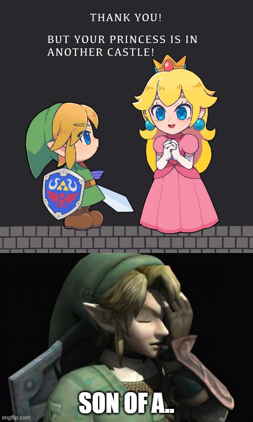 SORRY LINK, WRONG GAME | SON OF A.. | image tagged in link facepalm,memes,the legend of zelda,super mario bros,princess peach | made w/ Imgflip meme maker