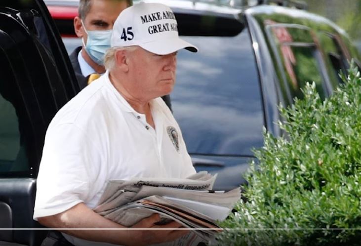 Trump Carries Newspapers to Pretend He Reads Blank Meme Template
