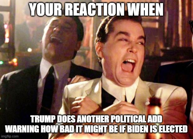 That's a Spicy Meatball! | YOUR REACTION WHEN; TRUMP DOES ANOTHER POLITICAL ADD WARNING HOW BAD IT MIGHT BE IF BIDEN IS ELECTED | image tagged in goodfellas laugh,donald trump,trump,joe biden,biden | made w/ Imgflip meme maker