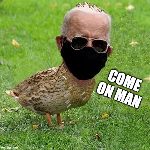 Joe D Duck | COME ON MAN | image tagged in joe bidenduck black mask n sunglasses | made w/ Imgflip meme maker