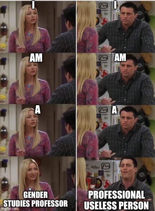 Friends Joey teached french | I; I; AM; AM; A; A; GENDER STUDIES PROFESSOR; PROFESSIONAL USELESS PERSON | image tagged in friends joey teached french,feminism,gender studies,professor,useless,memes | made w/ Imgflip meme maker