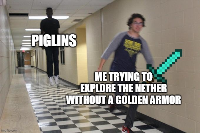 Minecraft Meme |  PIGLINS; ME TRYING TO EXPLORE THE NETHER WITHOUT A GOLDEN ARMOR | image tagged in corridor run | made w/ Imgflip meme maker