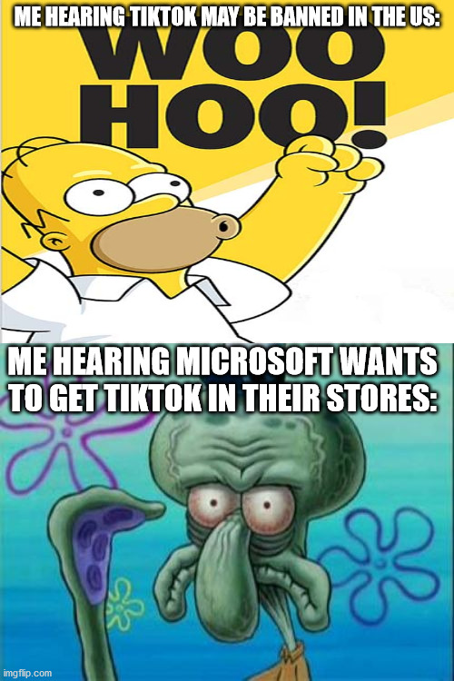 Why, Microsoft, why? | ME HEARING TIKTOK MAY BE BANNED IN THE US:; ME HEARING MICROSOFT WANTS TO GET TIKTOK IN THEIR STORES: | made w/ Imgflip meme maker