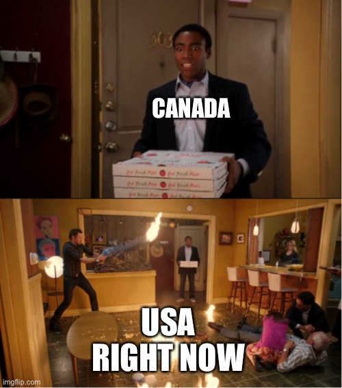 Community Fire Pizza Meme | CANADA; USA RIGHT NOW | image tagged in community fire pizza meme,canada,america,dumpster fire,coronavirus,memes | made w/ Imgflip meme maker