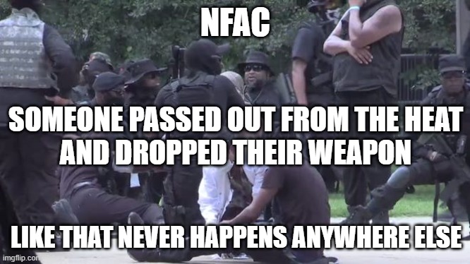 NFAC LIKE THAT NEVER HAPPENS ANYWHERE ELSE SOMEONE PASSED OUT FROM THE HEAT
AND DROPPED THEIR WEAPON | made w/ Imgflip meme maker