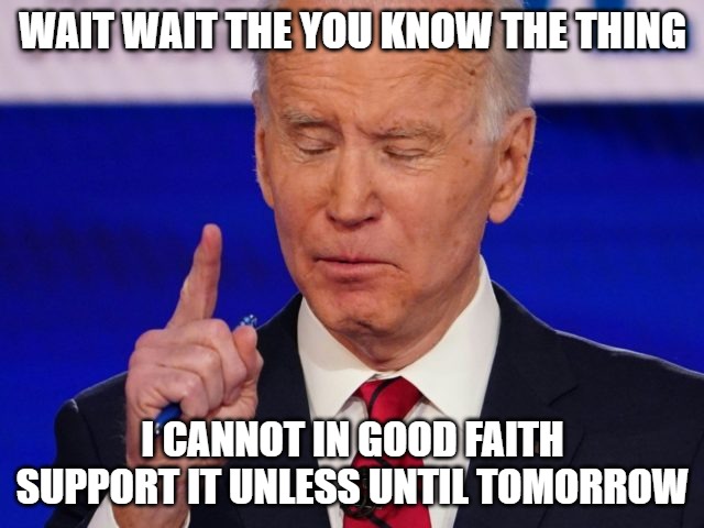 Say what? | WAIT WAIT THE YOU KNOW THE THING; I CANNOT IN GOOD FAITH SUPPORT IT UNLESS UNTIL TOMORROW | image tagged in politics,memes,fun,funny,funny memes,2020 | made w/ Imgflip meme maker
