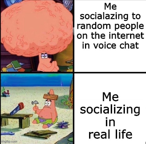 patrick big brain | Me socialazing to random people on the internet in voice chat; Me socializing in real life | image tagged in patrick big brain | made w/ Imgflip meme maker