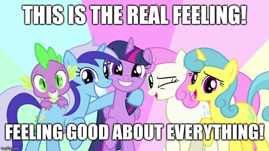 When you are at the park, you feel good! | THIS IS THE REAL FEELING! FEELING GOOD ABOUT EVERYTHING! | image tagged in fascinated ponies,memes,good feelings | made w/ Imgflip meme maker