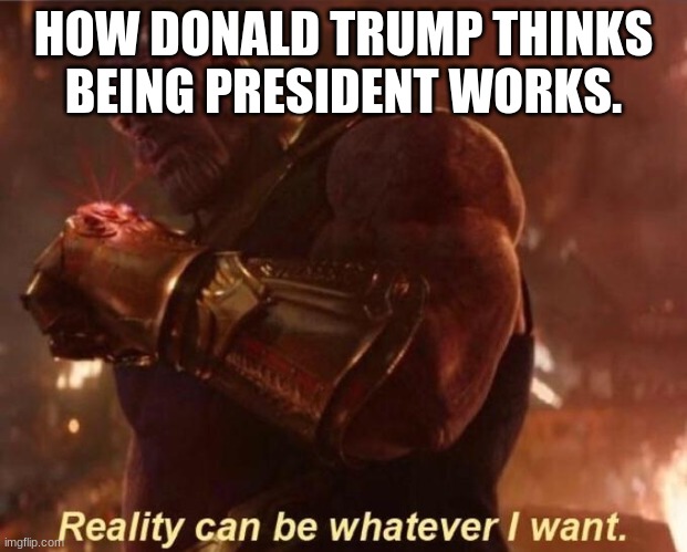 If I tell Covid19 to leave us alone, it will. | HOW DONALD TRUMP THINKS BEING PRESIDENT WORKS. | image tagged in thanos  reality can be whatever i want | made w/ Imgflip meme maker