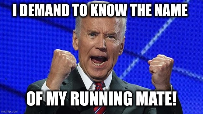 Joe Biden fists angry | I DEMAND TO KNOW THE NAME; OF MY RUNNING MATE! | image tagged in joe biden fists angry,biden,dementia | made w/ Imgflip meme maker
