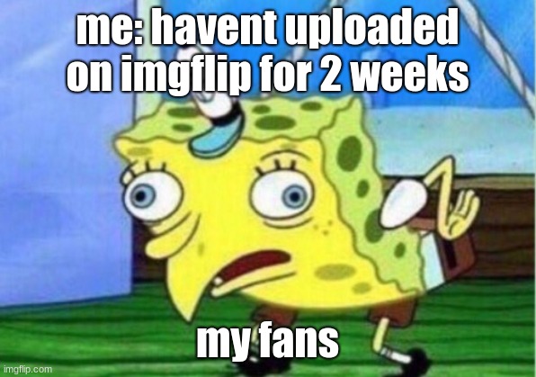 fans | me: havent uploaded on imgflip for 2 weeks; my fans | image tagged in memes,mocking spongebob | made w/ Imgflip meme maker