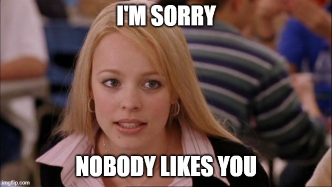 Its Not Going To Happen Meme | I'M SORRY; NOBODY LIKES YOU | image tagged in memes,its not going to happen,mean girls | made w/ Imgflip meme maker