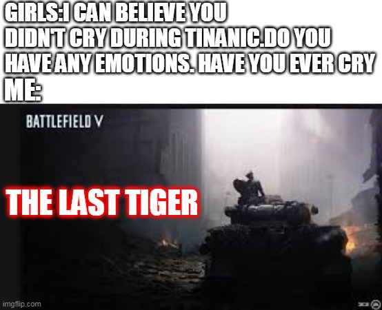 did you cry? | GIRLS:I CAN BELIEVE YOU DIDN'T CRY DURING TINANIC.DO YOU HAVE ANY EMOTIONS. HAVE YOU EVER CRY; ME:; THE LAST TIGER | image tagged in tiger | made w/ Imgflip meme maker