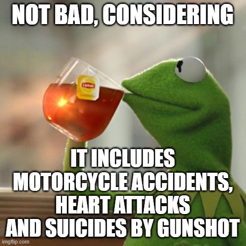 But That's None Of My Business Meme | NOT BAD, CONSIDERING IT INCLUDES MOTORCYCLE ACCIDENTS, HEART ATTACKS AND SUICIDES BY GUNSHOT | image tagged in memes,but that's none of my business,kermit the frog | made w/ Imgflip meme maker