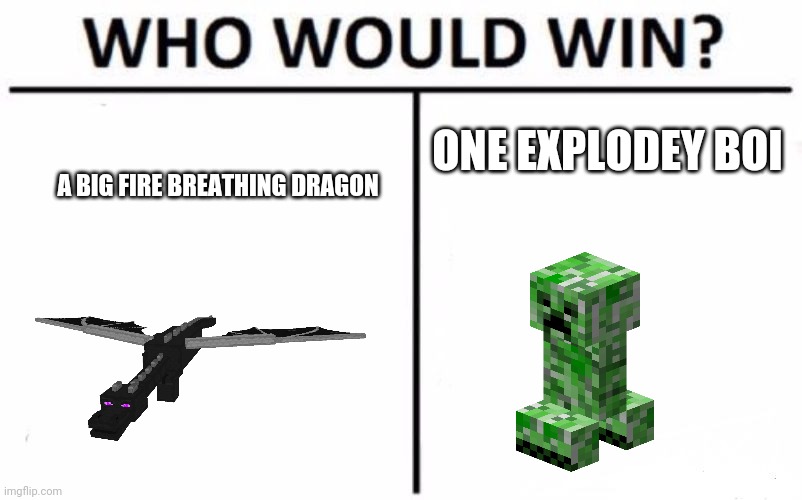 Who Would Win? Meme | ONE EXPLODEY BOI; A BIG FIRE BREATHING DRAGON | image tagged in memes,who would win,minecraft,creeper | made w/ Imgflip meme maker