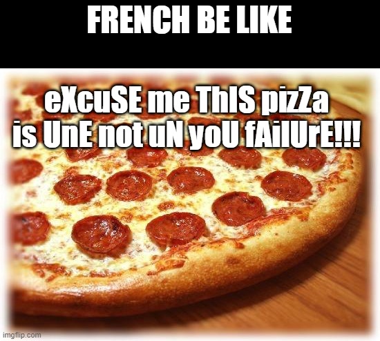 Coming out pizza  | FRENCH BE LIKE; eXcuSE me ThIS pizZa is UnE not uN yoU fAilUrE!!! | image tagged in coming out pizza | made w/ Imgflip meme maker