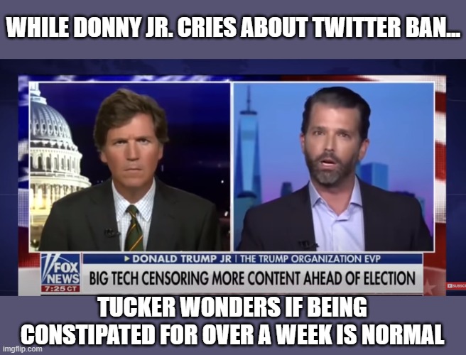 Oh the humanity!!!!! |  WHILE DONNY JR. CRIES ABOUT TWITTER BAN... TUCKER WONDERS IF BEING CONSTIPATED FOR OVER A WEEK IS NORMAL | image tagged in donald trump jr,tucker carlson,trump is a moron,crooked,faux news | made w/ Imgflip meme maker
