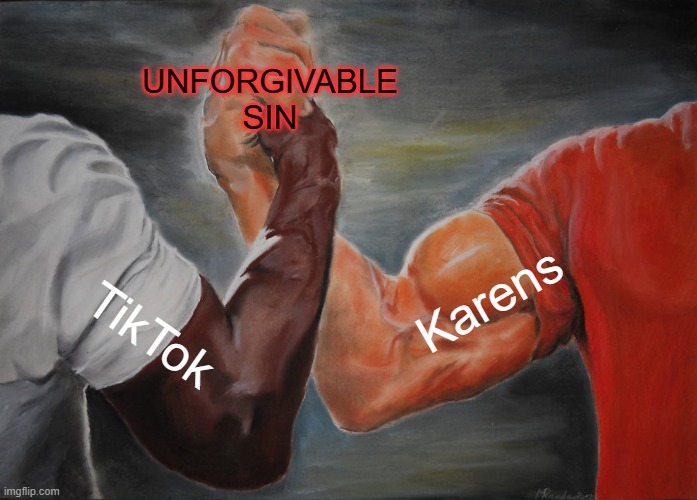 TikTok sucks and so do Karens | UNFORGIVABLE SIN; Karens; TikTok | image tagged in memes,epic handshake,tiktok,karen,gifs,pie charts | made w/ Imgflip meme maker