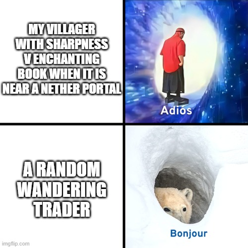 Wandering trader comes bacc | MY VILLAGER WITH SHARPNESS V ENCHANTING BOOK WHEN IT IS NEAR A NETHER PORTAL; A RANDOM WANDERING TRADER | image tagged in adios bonjour,minecraft villagers,villager | made w/ Imgflip meme maker