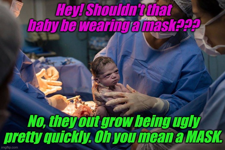 Protection | Hey! Shouldn't that baby be wearing a mask??? No, they out grow being ugly pretty quickly. Oh you mean a MASK. | image tagged in new baby born | made w/ Imgflip meme maker