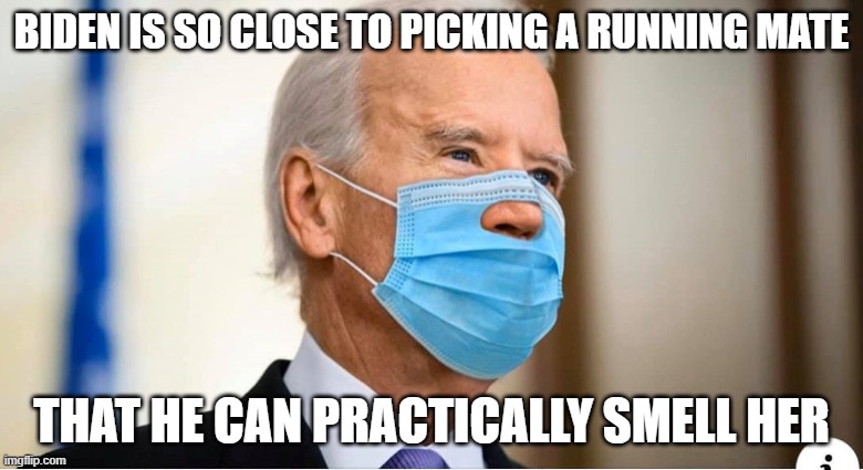 Biden Running Mate | BIDEN IS SO CLOSE TO PICKING A RUNNING MATE; THAT HE CAN PRACTICALLY SMELL HER | image tagged in masks | made w/ Imgflip meme maker