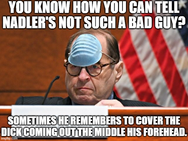 Nadler Calls Riots ‘Myth’ Then Blames Them on Trump and Barr. YOU DONT NEED TO DERANGED BUT BEING A DEMOCRAT OBVIOUSLY HELPS. |  YOU KNOW HOW YOU CAN TELL NADLER'S NOT SUCH A BAD GUY? SOMETIMES HE REMEMBERS TO COVER THE DICK COMING OUT THE MIDDLE HIS FOREHEAD. | image tagged in jerry nadler,dick on his head,dickhead,hypocrisy,stupid people | made w/ Imgflip meme maker