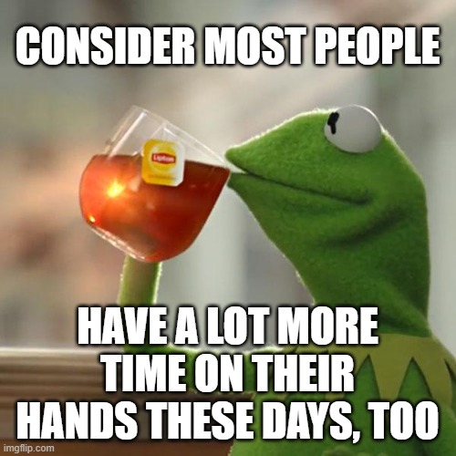 But That's None Of My Business Meme | CONSIDER MOST PEOPLE HAVE A LOT MORE TIME ON THEIR HANDS THESE DAYS, TOO | image tagged in memes,but that's none of my business,kermit the frog | made w/ Imgflip meme maker