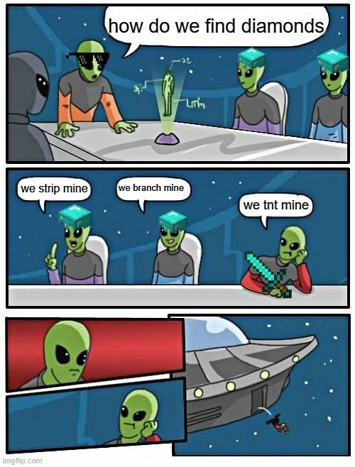 just how | how do we find diamonds; we branch mine; we strip mine; we tnt mine | image tagged in memes,alien meeting suggestion | made w/ Imgflip meme maker