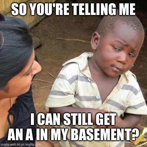 Third World Skeptical Kid | SO YOU'RE TELLING ME; I CAN STILL GET AN A IN MY BASEMENT? | image tagged in memes,third world skeptical kid | made w/ Imgflip meme maker