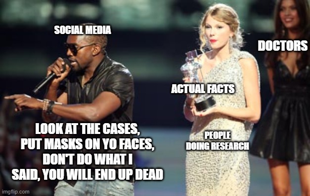 Interupting Kanye Meme | SOCIAL MEDIA; DOCTORS; ACTUAL FACTS; LOOK AT THE CASES, PUT MASKS ON YO FACES, DON'T DO WHAT I SAID, YOU WILL END UP DEAD; PEOPLE DOING RESEARCH | image tagged in memes,interupting kanye | made w/ Imgflip meme maker