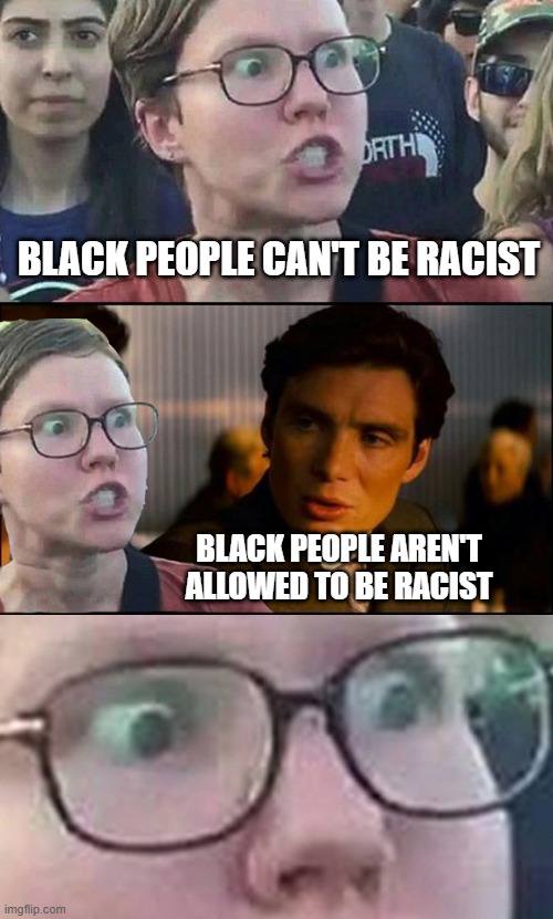 Inception Liberal | BLACK PEOPLE CAN'T BE RACIST; BLACK PEOPLE AREN'T ALLOWED TO BE RACIST | image tagged in inception liberal,memes,politics,blm | made w/ Imgflip meme maker