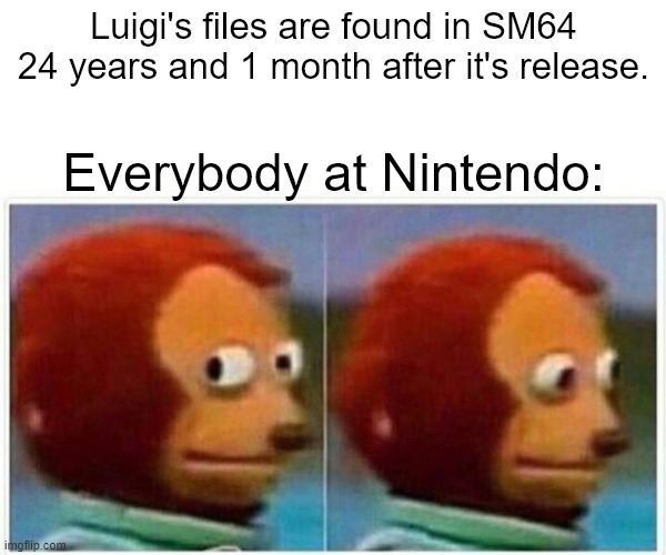 Monkey Puppet | Luigi's files are found in SM64 24 years and 1 month after it's release. Everybody at Nintendo: | image tagged in memes,monkey puppet | made w/ Imgflip meme maker