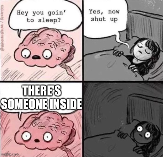 Someone inside your house at night | THERE'S SOMEONE INSIDE | image tagged in waking up brain | made w/ Imgflip meme maker