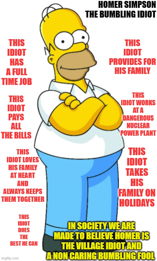 Homer the idiot pays the bills | HOMER SIMPSON
THE BUMBLING IDIOT; THIS IDIOT HAS A FULL TIME JOB; THIS IDIOT PROVIDES FOR HIS FAMILY; THIS IDIOT WORKS AT A DANGEROUS NUCLEAR POWER PLANT; THIS IDIOT PAYS ALL THE BILLS; THIS IDIOT LOVES HIS FAMILY AT HEART AND ALWAYS KEEPS THEM TOGETHER; THIS IDIOT TAKES HIS FAMILY ON HOLIDAYS; THIS IDIOT DOES THE BEST HE CAN; IN SOCIETY WE ARE MADE TO BELIEVE HOMER IS THE VILLAGE IDIOT AND A NON CARING BUMBLING FOOL | image tagged in the simpsons,homer simpson | made w/ Imgflip meme maker