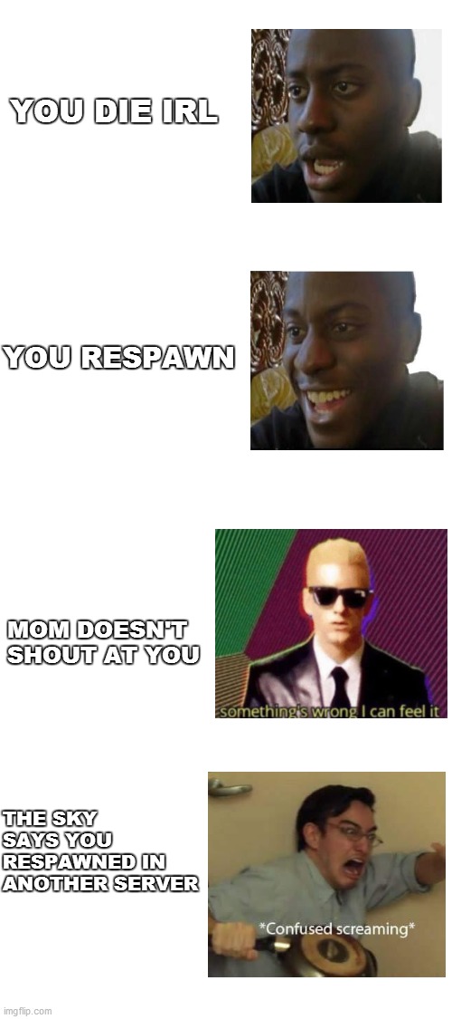 YOU DIE IRL; YOU RESPAWN; MOM DOESN'T SHOUT AT YOU; THE SKY SAYS YOU RESPAWNED IN ANOTHER SERVER | image tagged in blank white template | made w/ Imgflip meme maker