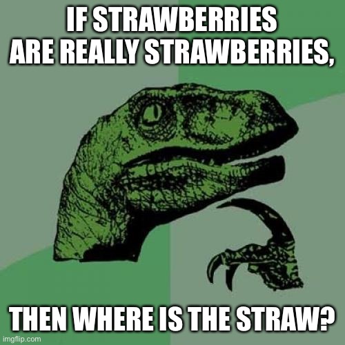 Philosoraptor Meme | IF STRAWBERRIES ARE REALLY STRAWBERRIES, THEN WHERE IS THE STRAW? | image tagged in memes,philosoraptor | made w/ Imgflip meme maker