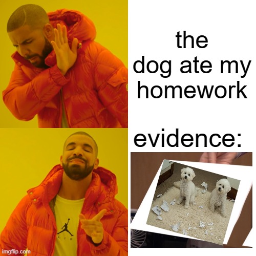 Drake Hotline Bling Meme | the dog ate my homework; evidence: | image tagged in memes,drake hotline bling | made w/ Imgflip meme maker