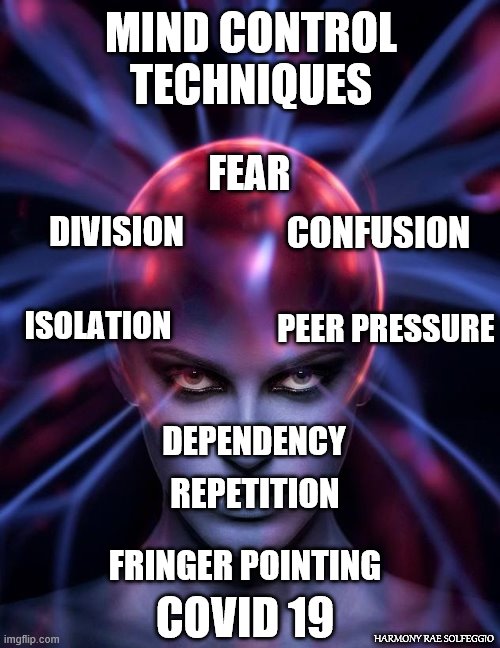 Mind Control | MIND CONTROL TECHNIQUES; FEAR; CONFUSION; DIVISION; PEER PRESSURE; ISOLATION; DEPENDENCY; REPETITION; FRINGER POINTING; COVID 19; HARMONY RAE SOLFEGGIO | image tagged in mind control,brainwashing,brainwashed,sheeple | made w/ Imgflip meme maker
