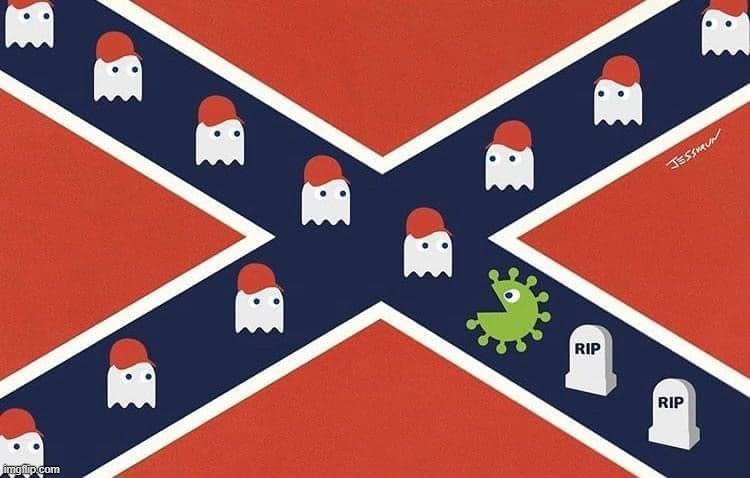 Now some MAGA's say "the virus isn't political." No, not after months labeling it a media hoax from a Wuhan lab. Pacman's comin' | image tagged in covid-19,coronavirus,confederate flag,repost,reposts,maga | made w/ Imgflip meme maker