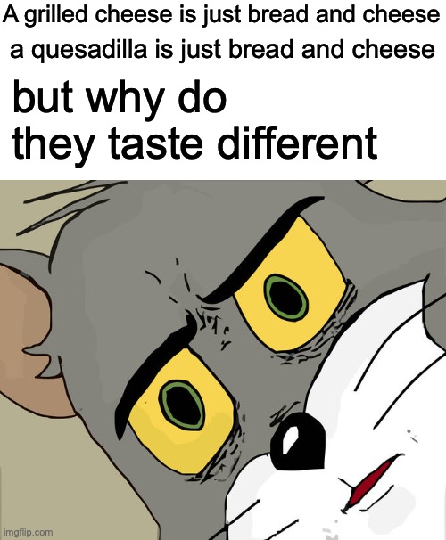 logic.....0 | A grilled cheese is just bread and cheese; a quesadilla is just bread and cheese; but why do they taste different | image tagged in memes,unsettled tom | made w/ Imgflip meme maker