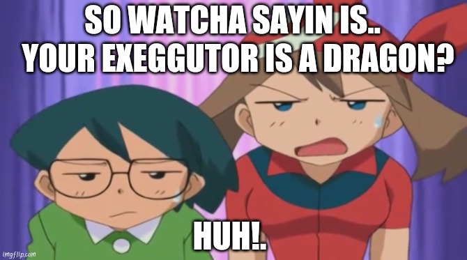 Alolan Mons are for Alola! | SO WATCHA SAYIN IS.. YOUR EXEGGUTOR IS A DRAGON? HUH!. | image tagged in max and may irritated,pokemon,funny pokemon | made w/ Imgflip meme maker