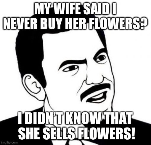 Seriously Face | MY WIFE SAID I NEVER BUY HER FLOWERS? I DIDN’T KNOW THAT  SHE SELLS FLOWERS! | image tagged in memes,seriously face | made w/ Imgflip meme maker