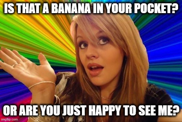 Dumb Blonde Meme | IS THAT A BANANA IN YOUR POCKET? OR ARE YOU JUST HAPPY TO SEE ME? | image tagged in memes,dumb blonde | made w/ Imgflip meme maker