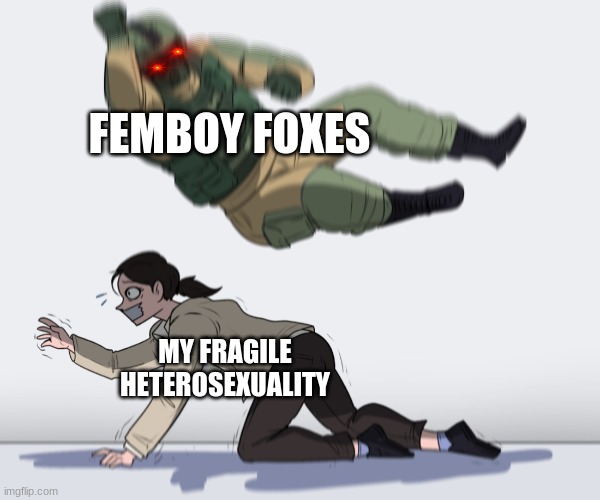 nobody is gonna upvote this | FEMBOY FOXES; MY FRAGILE HETEROSEXUALITY | image tagged in rainbow six - fuze the hostage,memes,dank memes,furries,sexuality | made w/ Imgflip meme maker