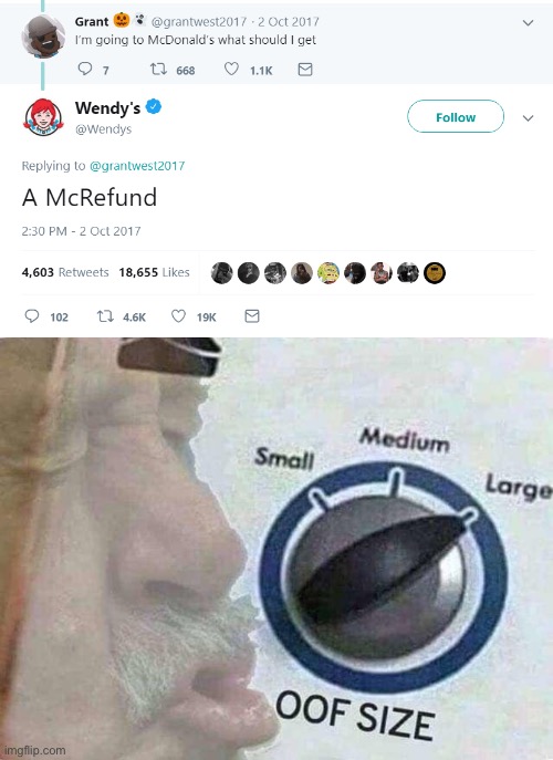 Wendy’s is Savage!! XD | image tagged in oof size large,wendy's,twitter,burn | made w/ Imgflip meme maker