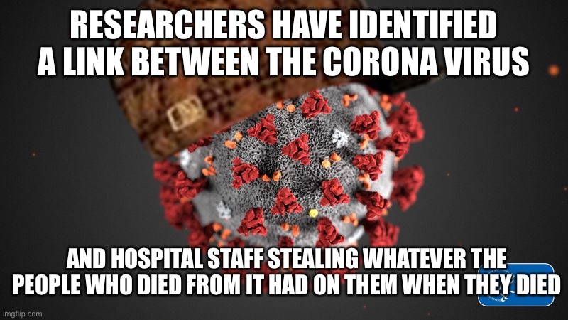 RESEARCHERS HAVE IDENTIFIED A LINK BETWEEN THE CORONA VIRUS; AND HOSPITAL STAFF STEALING WHATEVER THE PEOPLE WHO DIED FROM IT HAD ON THEM WHEN THEY DIED | image tagged in corona virus,thieves,memes,funny,so true | made w/ Imgflip meme maker