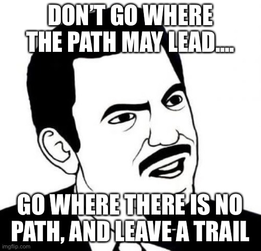 Seriously Face |  DON’T GO WHERE THE PATH MAY LEAD.... GO WHERE THERE IS NO PATH, AND LEAVE A TRAIL | image tagged in memes,seriously face | made w/ Imgflip meme maker