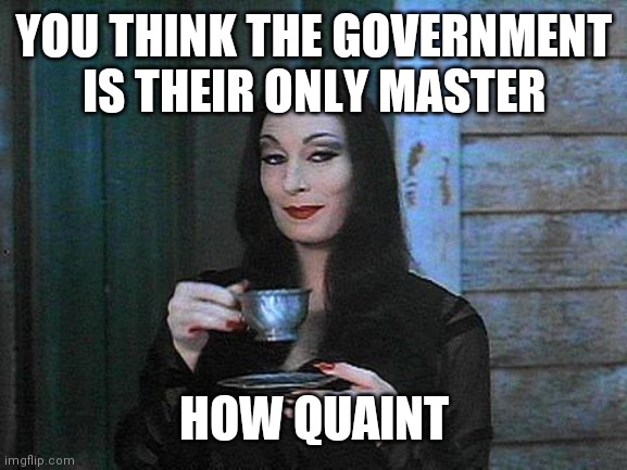Morticia drinking tea | YOU THINK THE GOVERNMENT IS THEIR ONLY MASTER HOW QUAINT | image tagged in morticia drinking tea | made w/ Imgflip meme maker